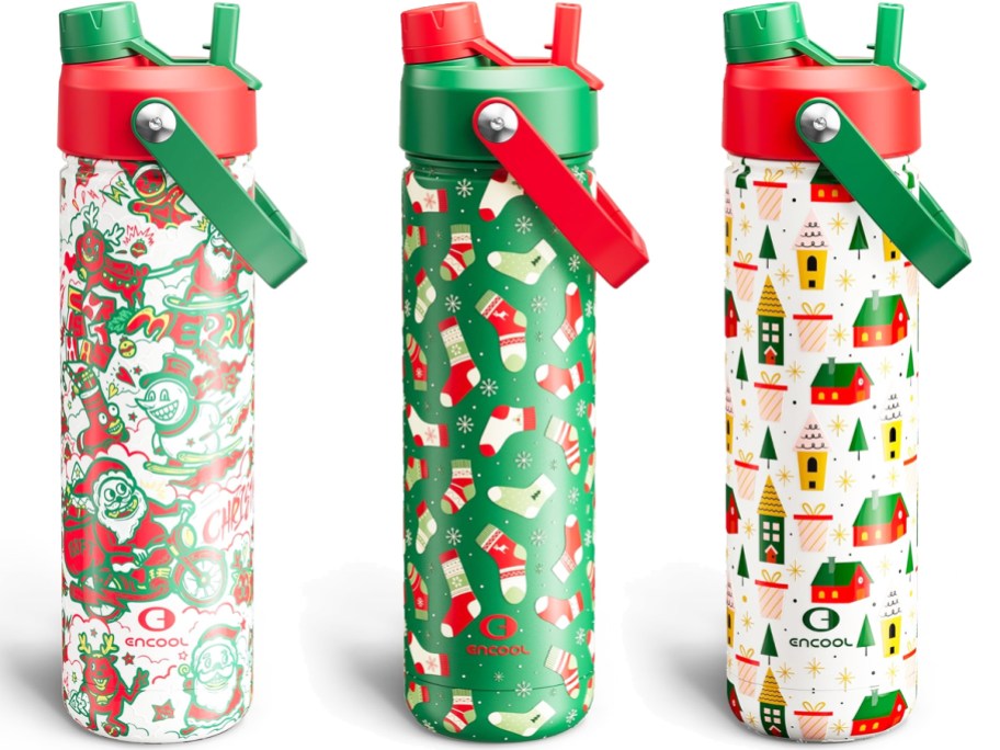 three christmas print water bottles