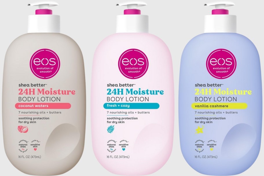 three large bottles of eos body lotion