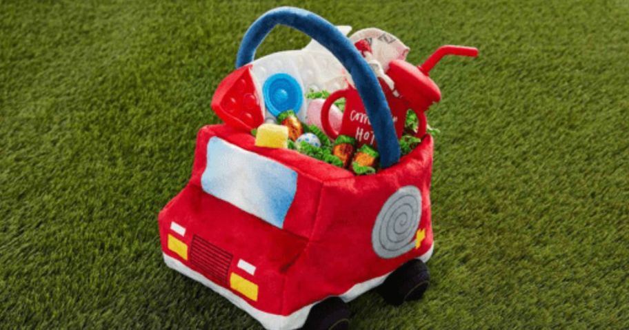 Fire engine Easter basket on top of the grass