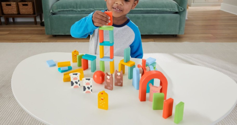 little boy playing with a farm themed domino playset