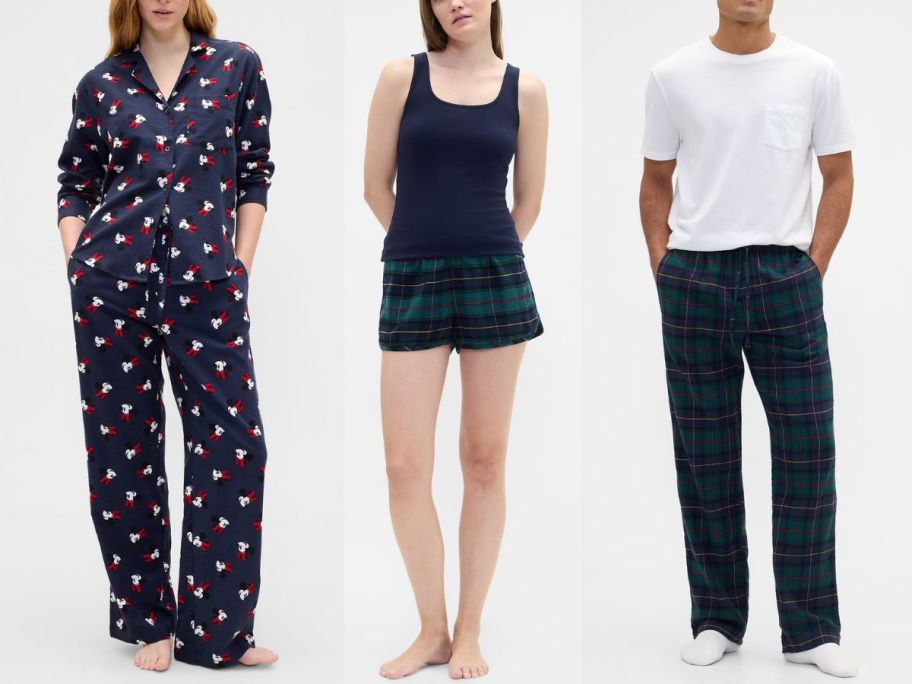 2 women and a man wearing holiday pajamas