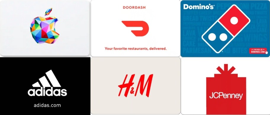 a selection of 6 different gift cards