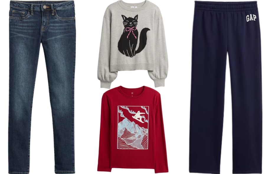 girls jeans and sweater and boys tee and logo sweatpants