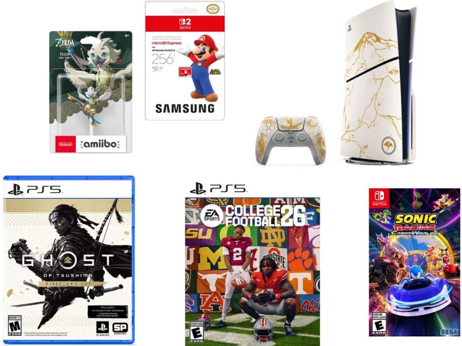 Stock images of Video Games, an Amiibo Figure, A Samsung SD Card, and a Limited Edition PS5 Console