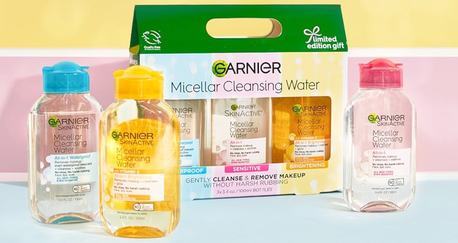 Garnier SkinActive Micellar Cleansing Water Holiday Discovery Kit with bottles in front of it