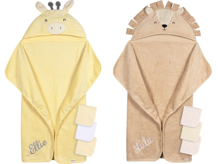 Stock images of two Gerber animal towel and washcloth sets