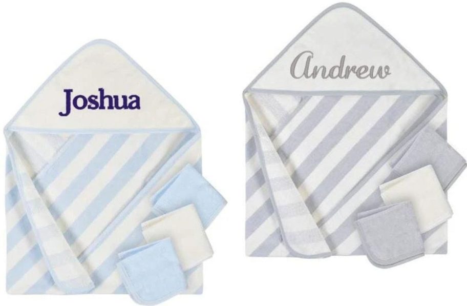 Stock images of two Gerber striped towel and washcloth sets