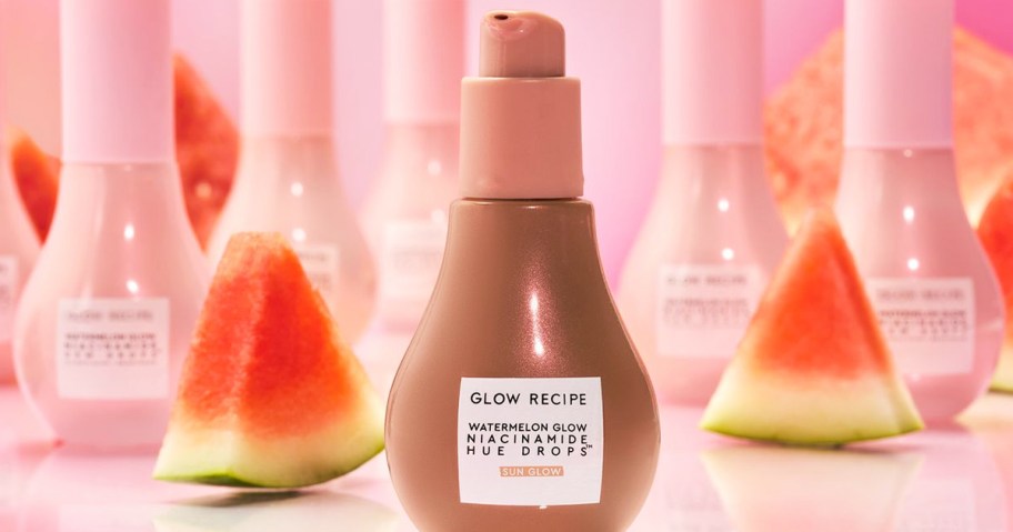 brown bottle of Glow Recipe Niacinamide Hue Drops with watermelon slices