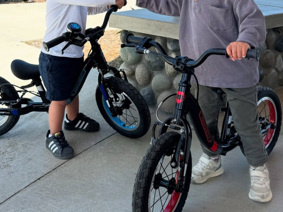 Little boys on guardian, balance bikes