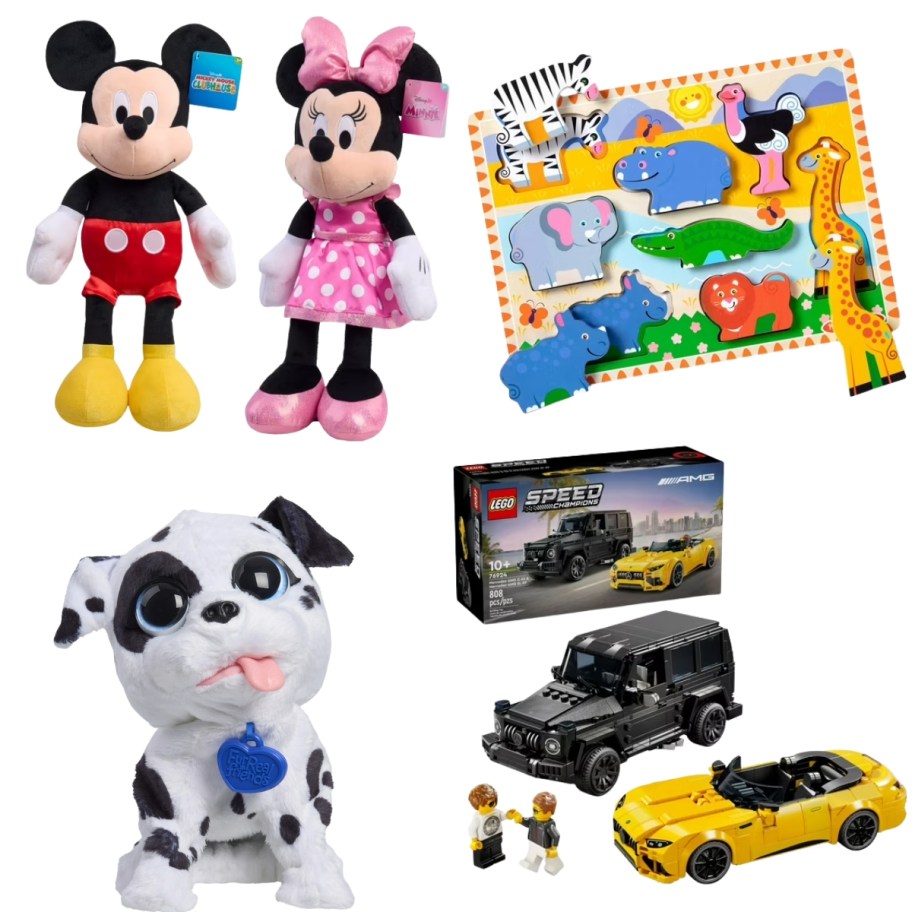 Mickey & Minnie plushes, wooden puzzle, toy dalmation, LEGO speed cars set