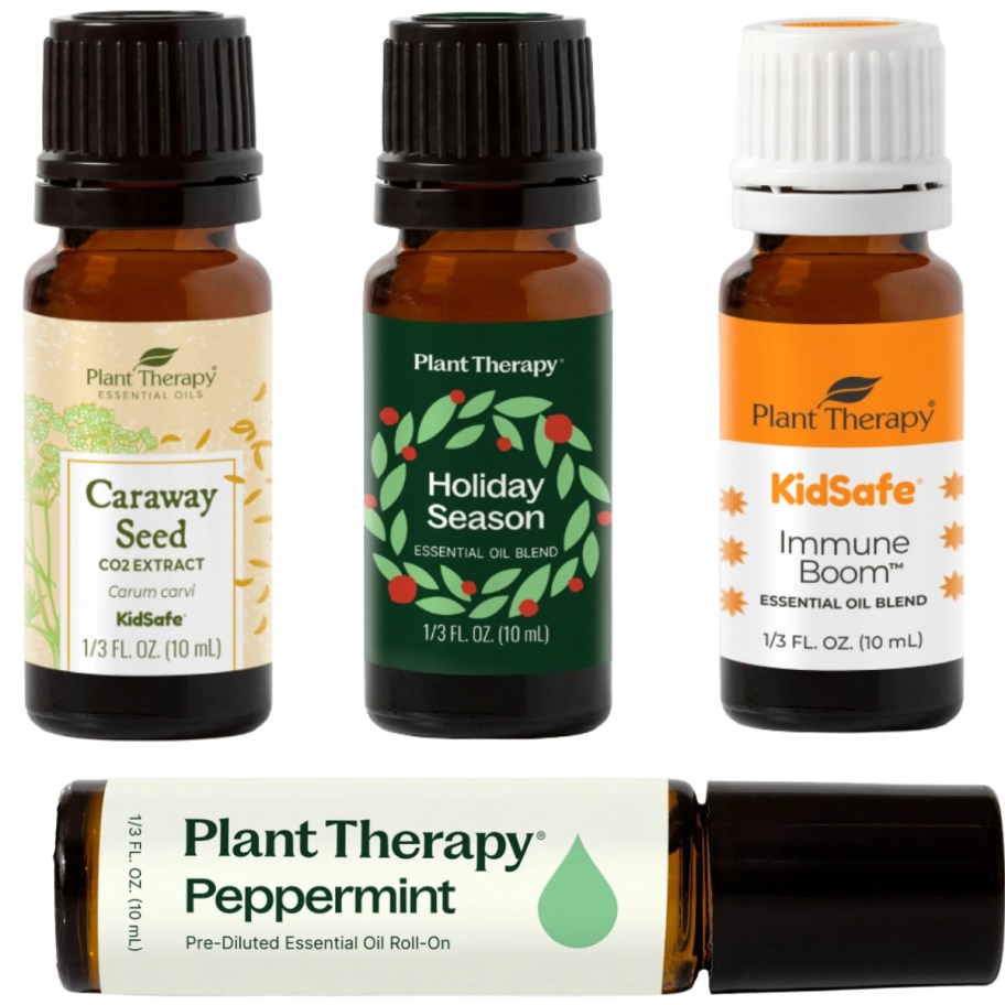 3 Plant Therapy essential oil bottles and 1 roll on bottle