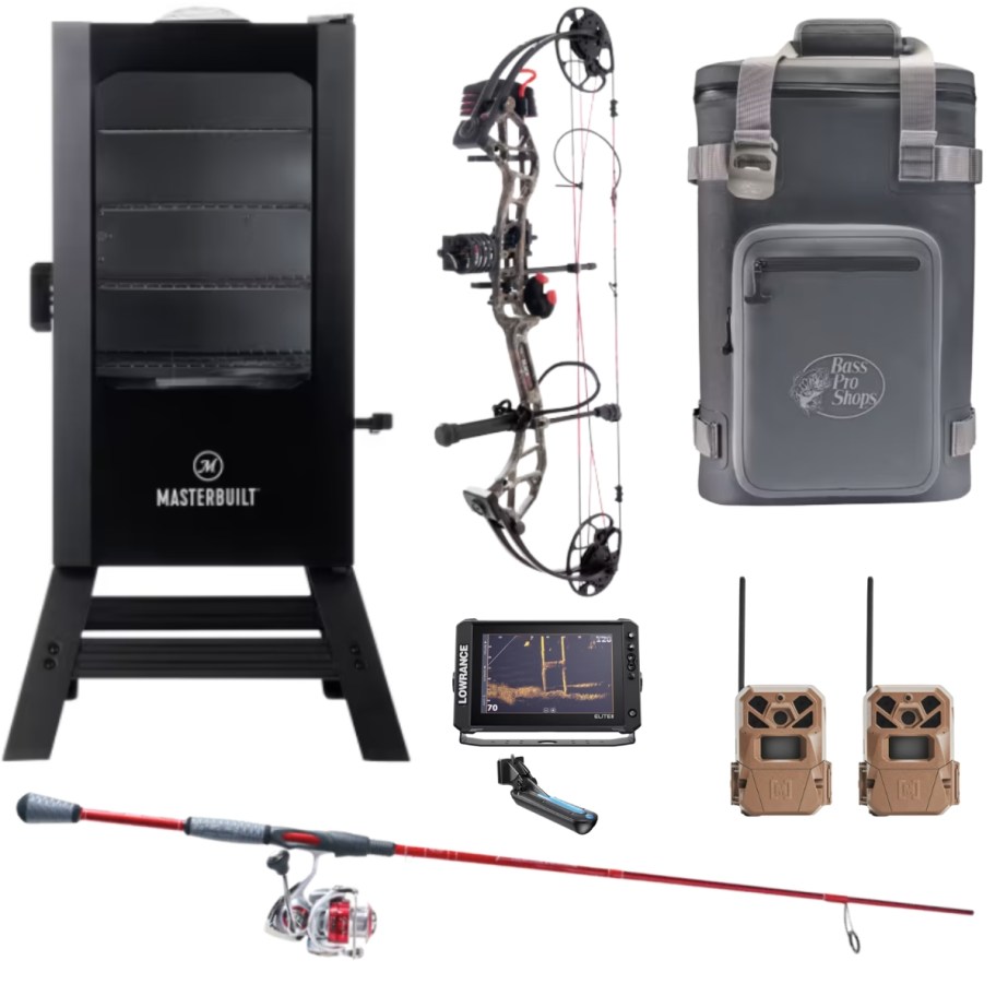 a meat smoker, a compound bow, a cooler backpack, a fish finder scanner, two trail cams, and a fishing rod and reel