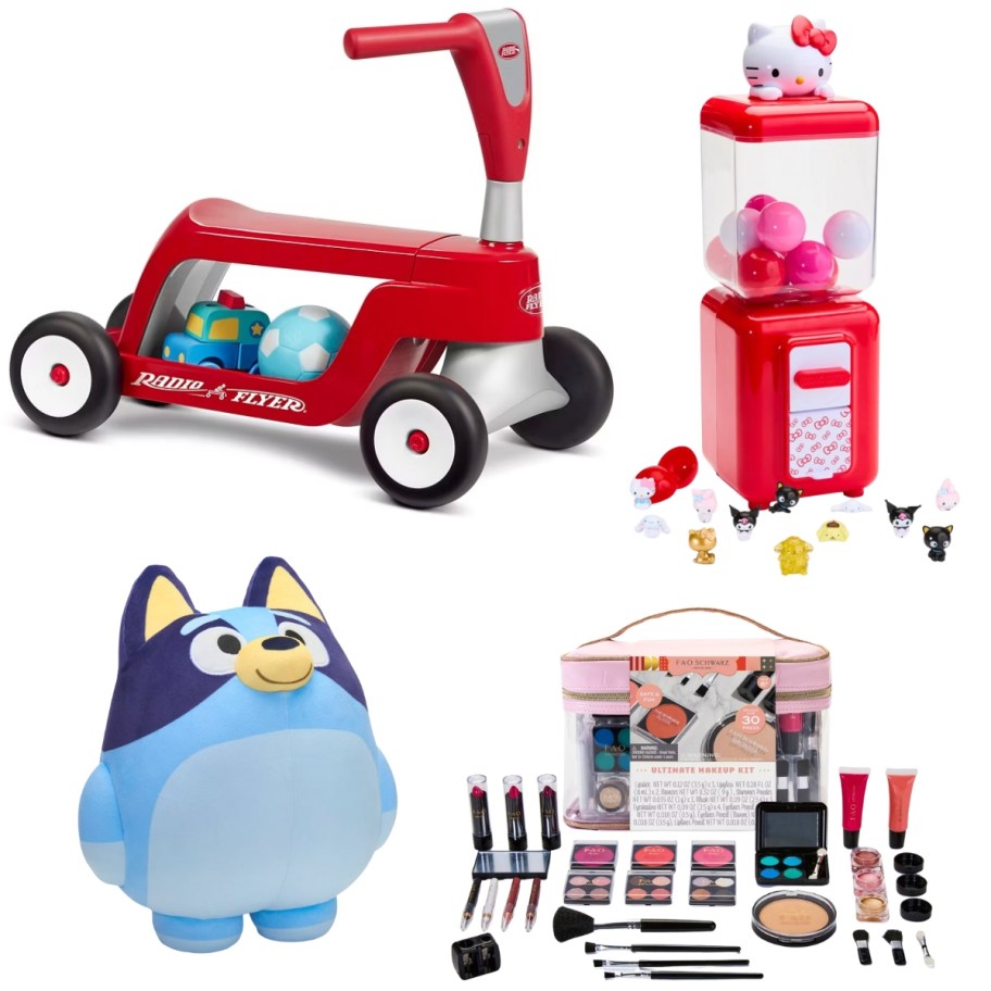 Radio Flyer ride on, Hello Kitty vending machine, Bluey plush, kids makeup set