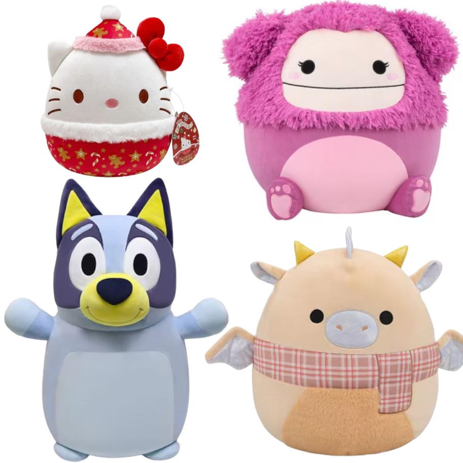 4 Squishmallows- Hello Kitty Christmas, a Big Foot, Bluey, and a Dragon