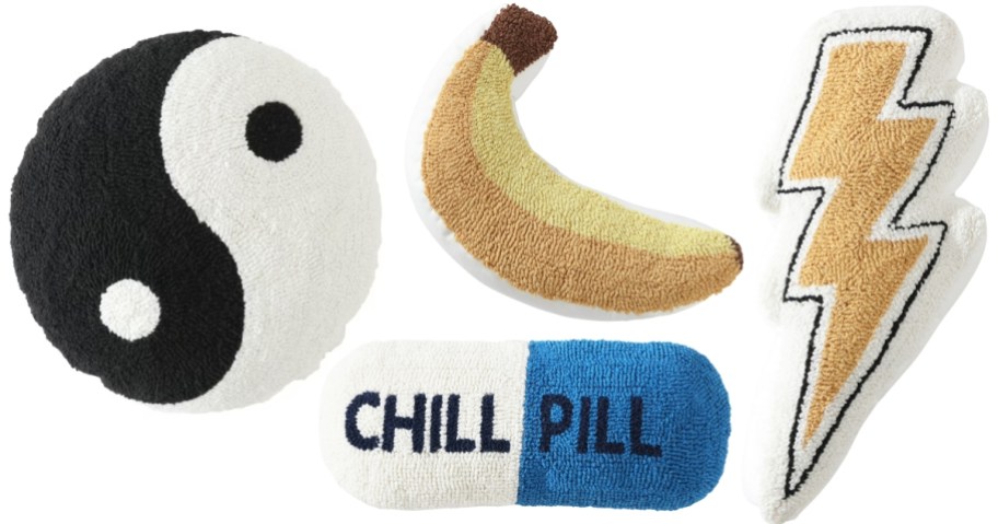 decorative throw pillows - yin yang, banana, chill pill, and lightning bolt