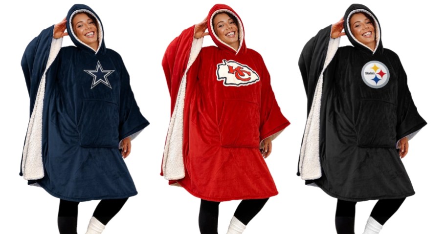 3 women wearing NFL blanket hoodies