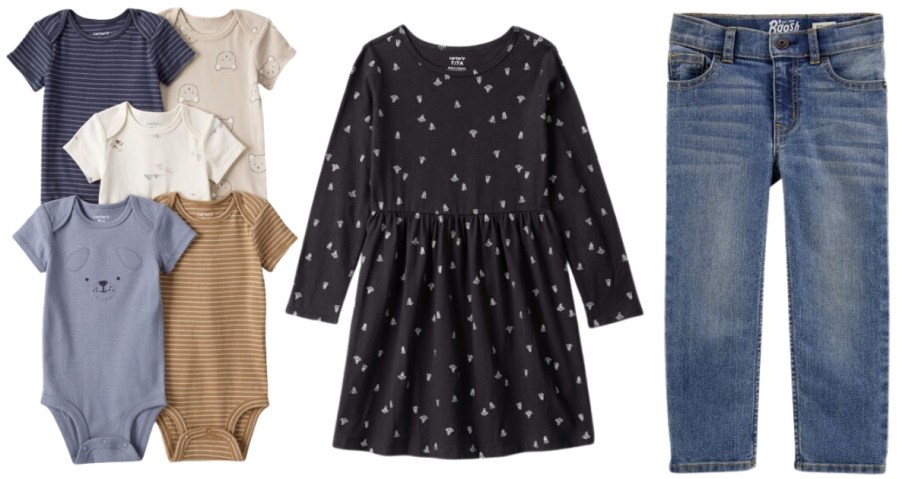 five baby onesies, a girl's dress and a pair of jeans
