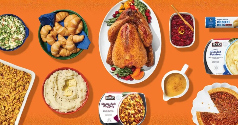 a Thanksgiving meal on an orange background
