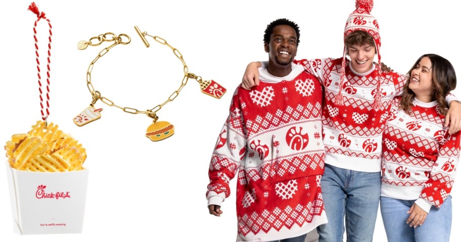 a Chick-fil-A waffle fries ornament, a bracelet with Chick-fil-A charms and 3 people wearing Chick-fil-A clothing and accessories