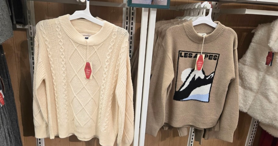 two women's sweaters on a store display