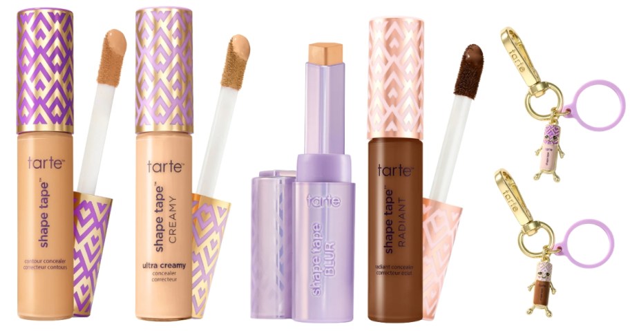 four tubes of different tarte Shape Tapes and 2 Shape Tape charms