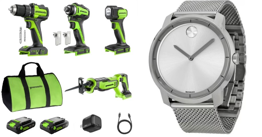 greenworks power tools and a men's watch