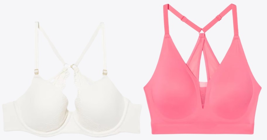 a white bra and a pink racerback bra