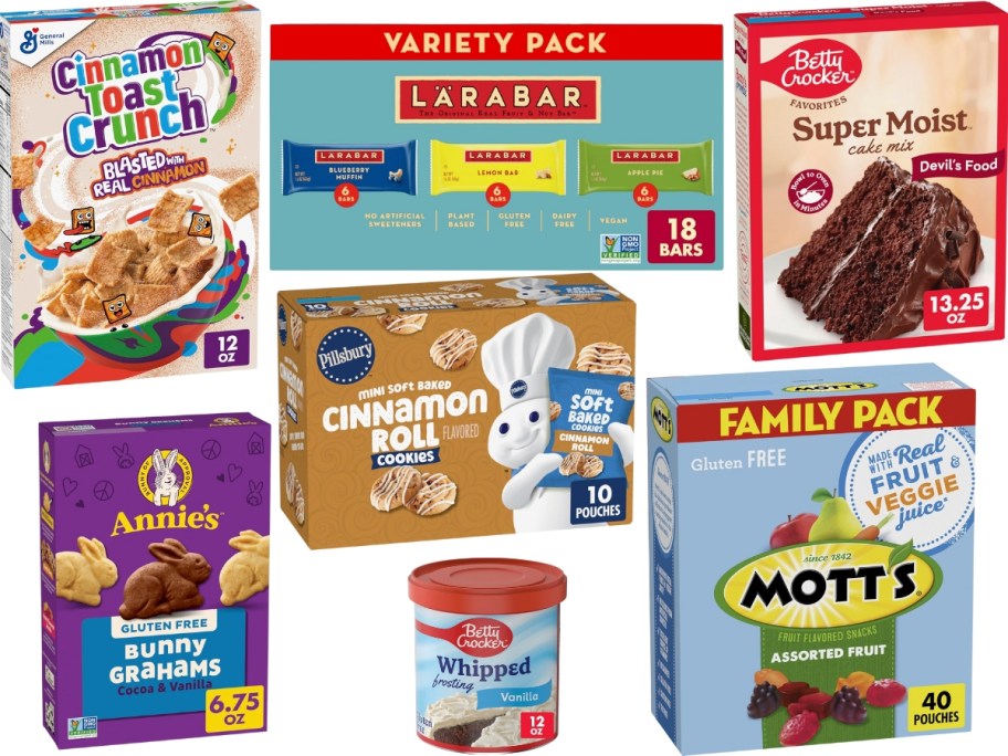 Cinnamon Toast Crunch cereal, Betty Crocker Cake Mix & Frosting, Pillsbury cookies, Larabars, and Motts Fruit snacks, and Annie's Chocolate Bunnies boxes