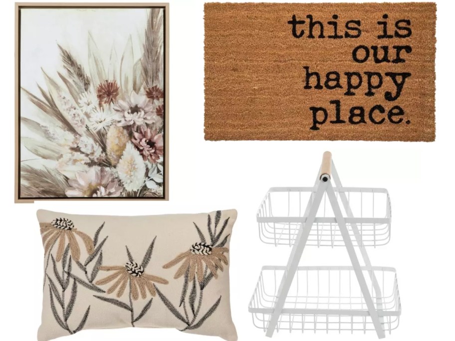 floral wall art, coir welcome mat, throw pillow, metal 2 tier tray