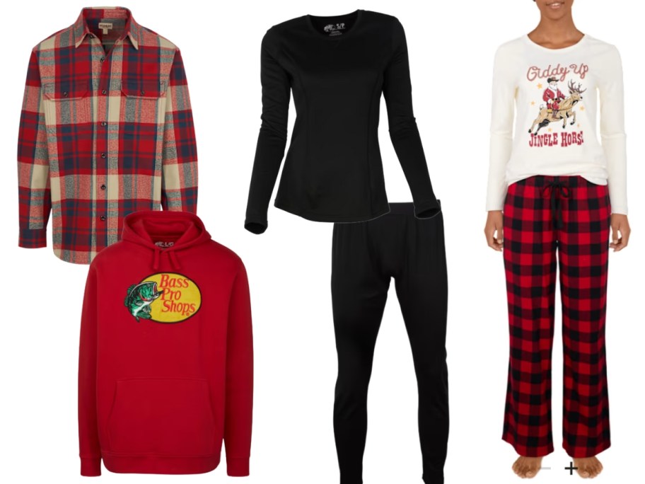 flannel shirt, Bass Pro Shops hoodie, black thermal top and pants, woman in holiday pajamas