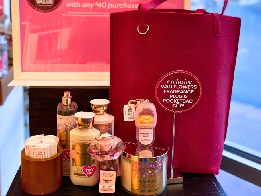 a Bath & Body works gift set with a pink tote bag