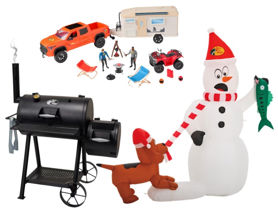 kids Bass Pro playset with truck, camper, and accessories, kids toy smoker, inflatable snowman & dog