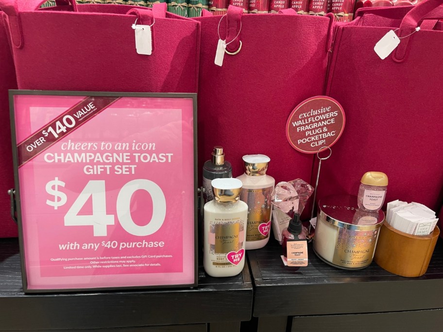 a Bath & Body works gift set with a pink tote bag