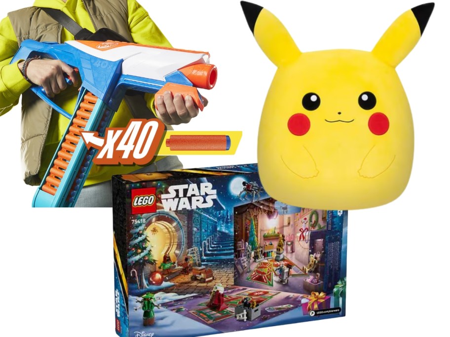 kid with a Nerf gun, a large Pikachu Squishmallow, a LEGO Advent Calendar