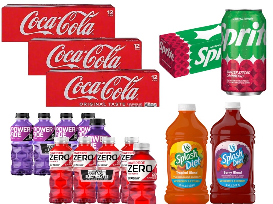 3 12-packs of Coca Cola, Sprite Cranberry can pack, 2 8-packs of Powerade, 2 V8 Splash bottles