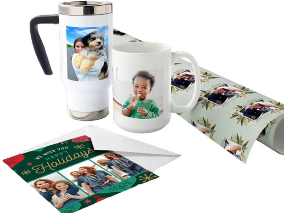 photo cards, mugs, and wrapping paper