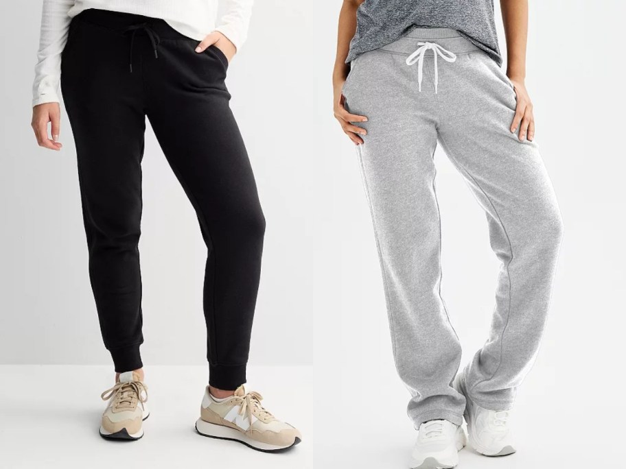 woman wearing black joggers and woman wearing grey fleece pants