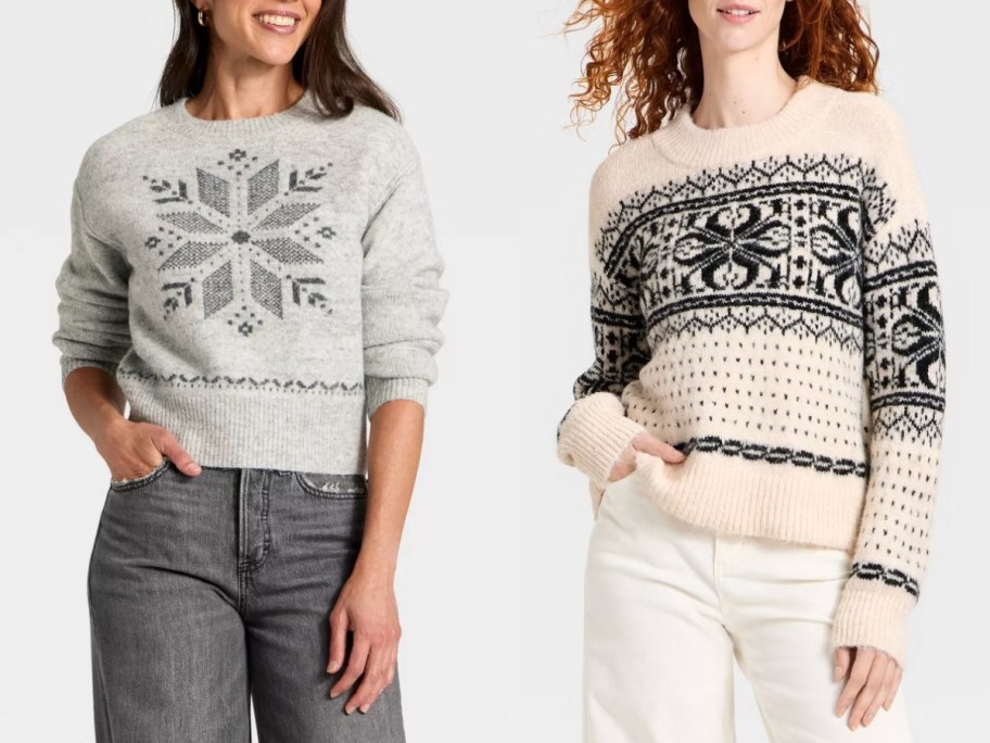 woman wearing a grey snowflake sweater and woman wearing a cream and blue fair aisle style sweater
