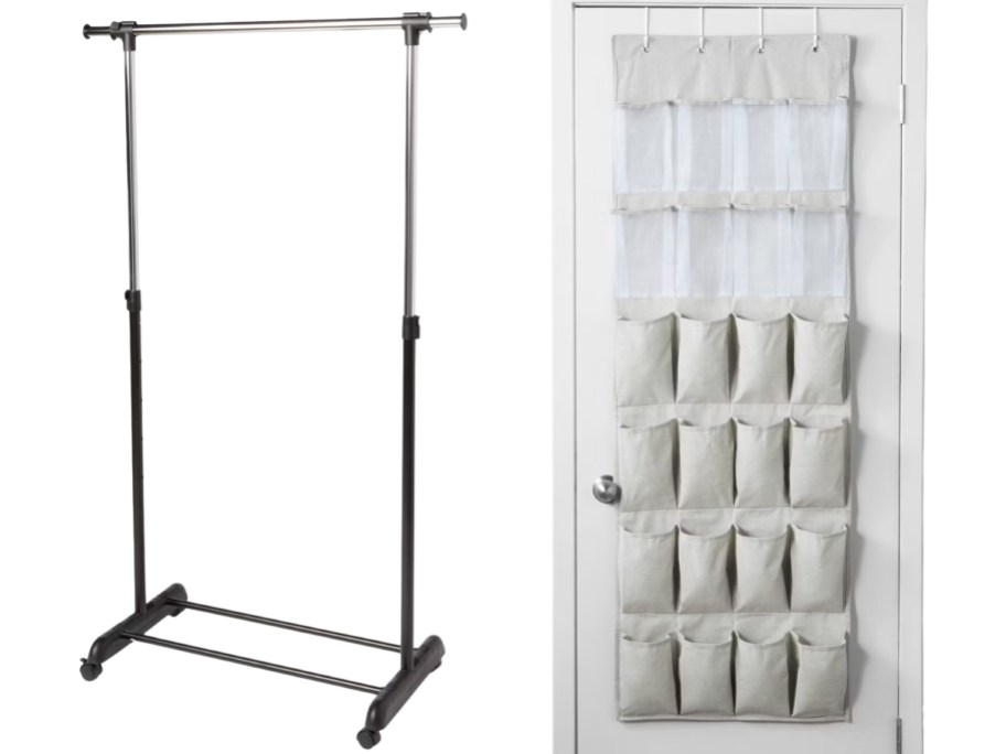 a clothing rack and a door with a shoe organizer