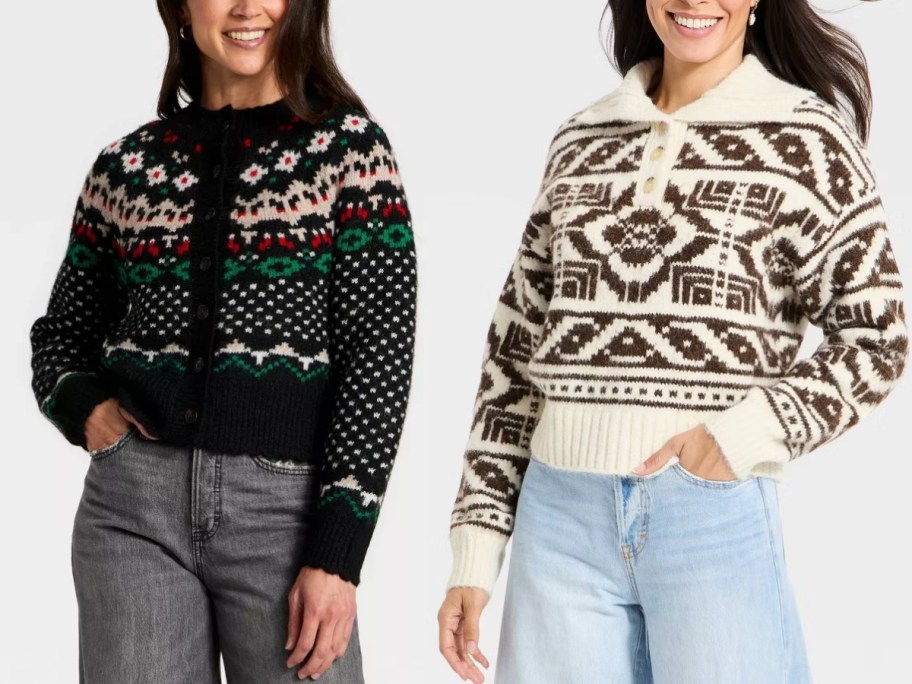 two women wearing fair isle holiday print sweaters