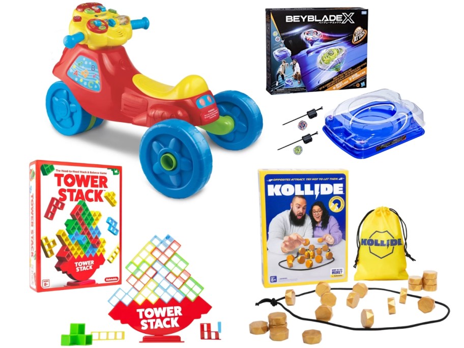 ride on toy, bayablade set, stacking tower game, Kollide game