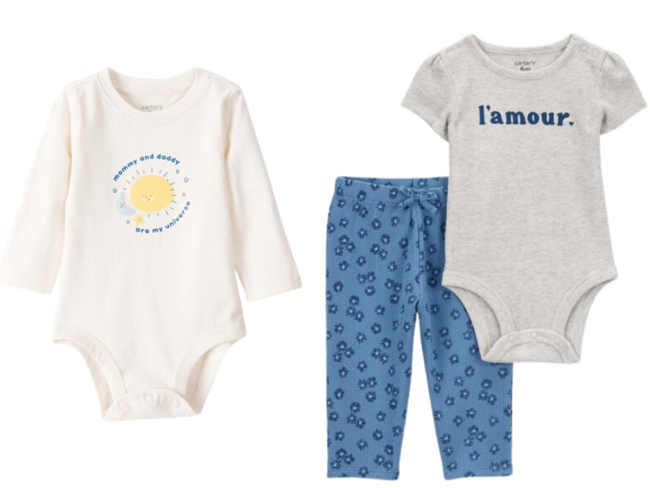 a baby's onesie bodysuit and a bodysuit with leggings