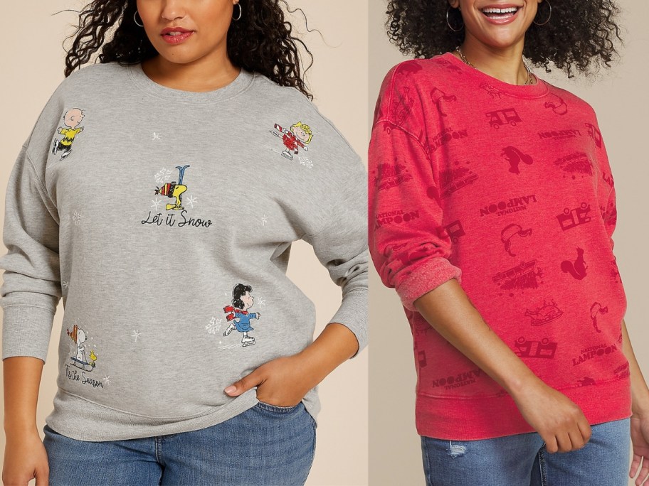 woman waring a Peanuts holiday sweatshirt and woman wearing a National Lampoon's Christmas Vacation sweatshirt