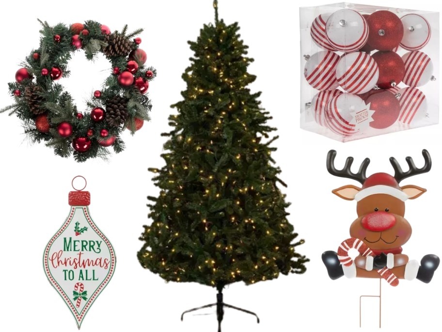 a Christmas wreath, wall decor, Christmas tree, ornaments, and outdoor metal sign