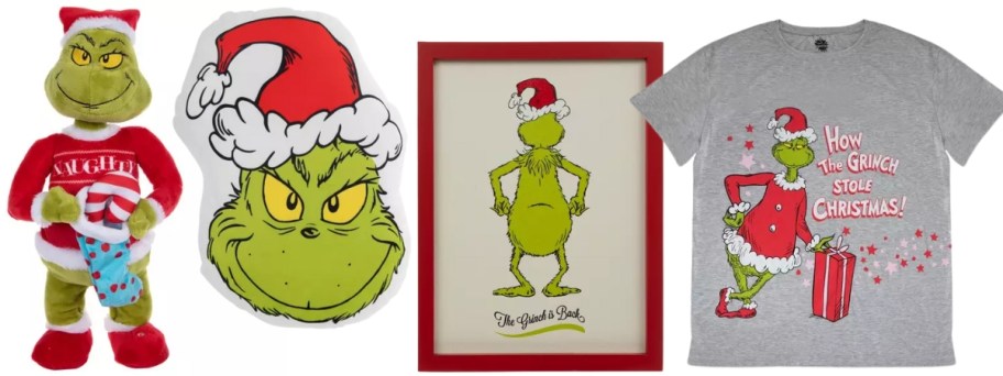 a plush Grinch, a Grinch pillow and wall sign, and a Grinch t-shirt