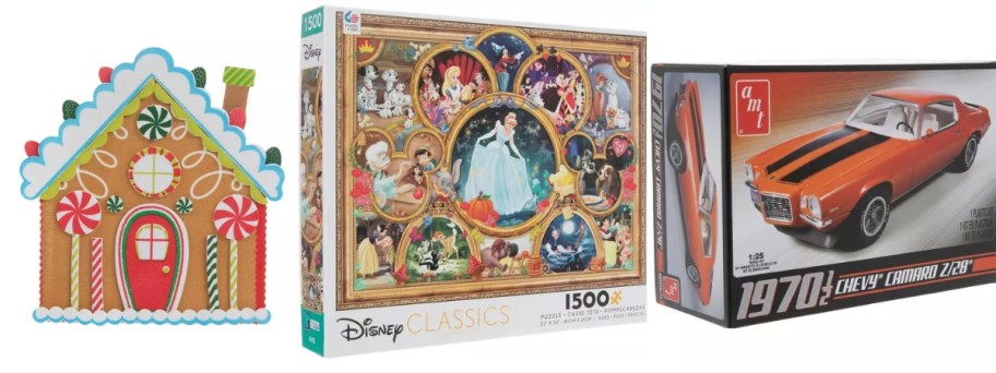 gingerbread house craft kit, Disney puzzle, Chevy Camaro model kit