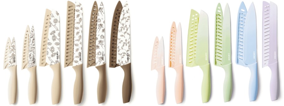 a floral knife set with blade covers and a pastel knife set with blade covers