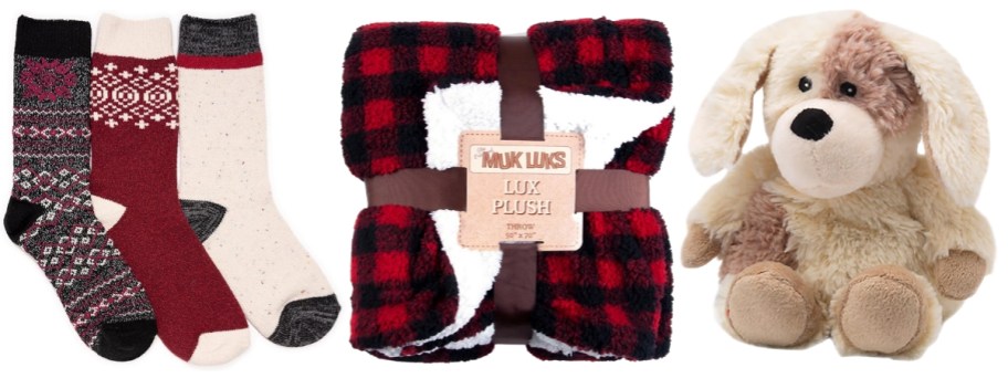 women's socks, Muk Luks sherpa throw, and a plush dog Warmies