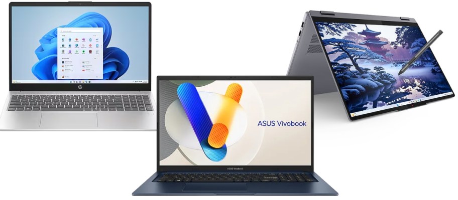 an HP laptop, an ASUS laptop, and a Lenovo flip laptop