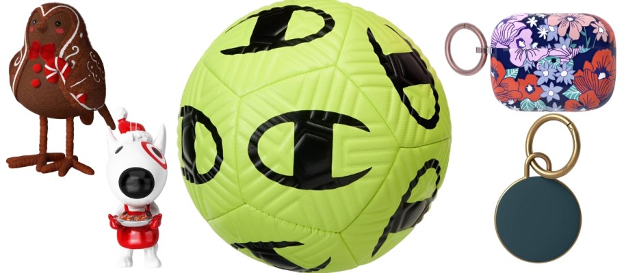 a gingerbread bird figure, a Target Bullseye dog ornament, a Champion Soccer Ball, Apple AirPods case, Apple AirTag case